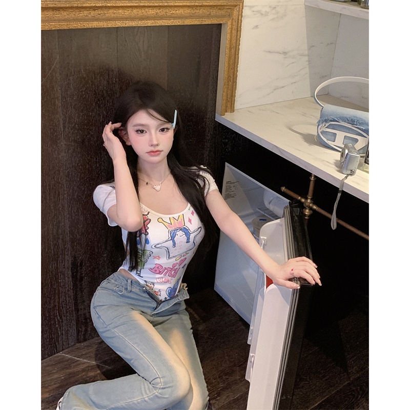 XIYUYI Bộ Áo Liền Quần Tay Ngắn Dáng Ôm In Họa Tiết graffiti Hoạt Hình Dễ | BigBuy360 - bigbuy360.vn