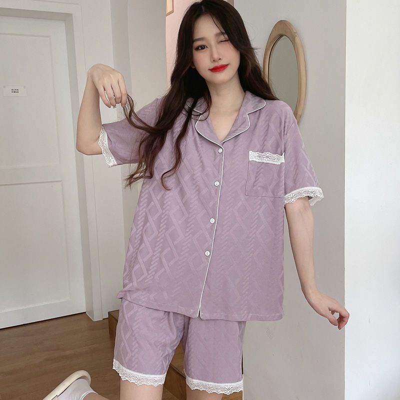 Bộ Đồ Ngủ Cotton Ngắn Tay Viền Ren Màu Trơn Phong Cách Cổ Điển Thời Trang Mùa Hè Hàng Mới Dành Cho Bạn Nữ