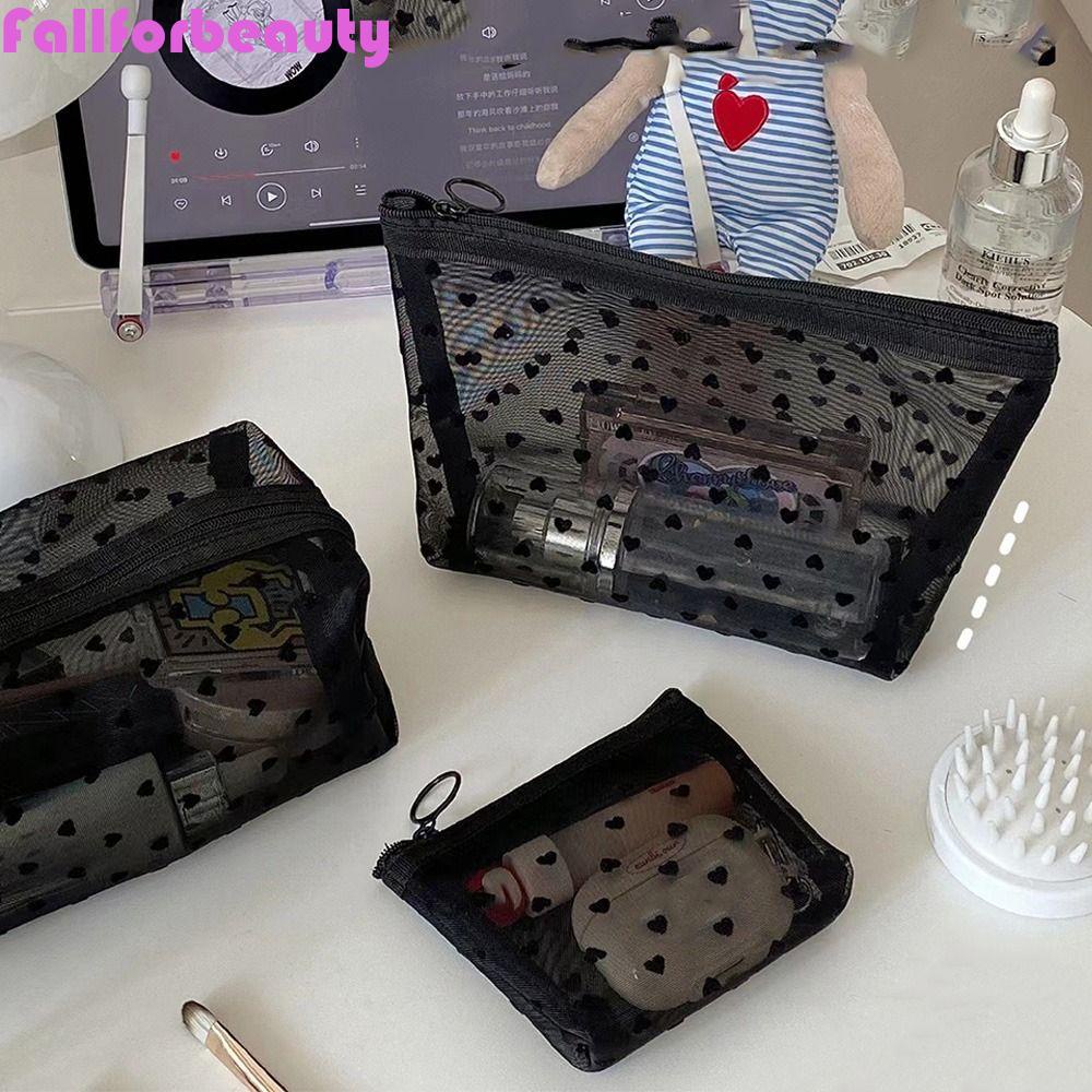 FALLFORBEAUTY Túi Lưới Đựng Đồ Trang Điểm Sức Chứa Lớn Họa Tiết Trái Tim Cho Nữ