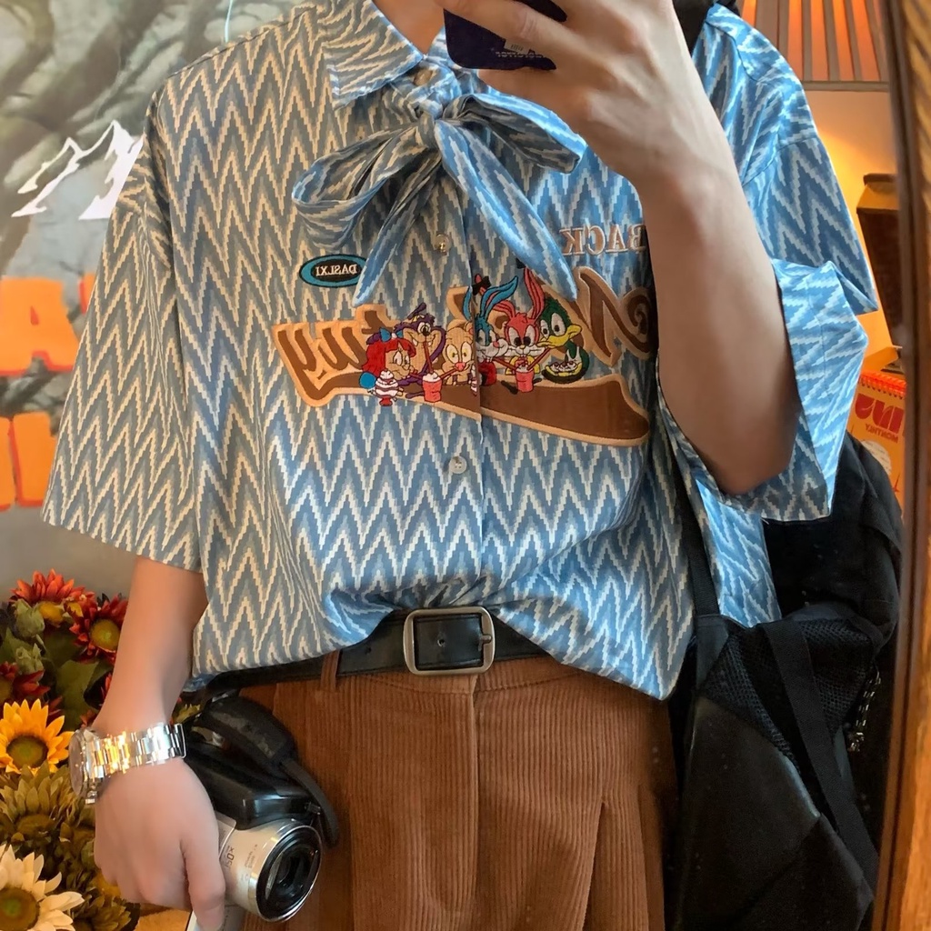 Áo Sơ Mi Tay Ngắn Kẻ Sọc Thêu Họa Tiết Phong Cách Retro Mỹ Thời Trang Mùa Hè Cho Nam Và Nữ