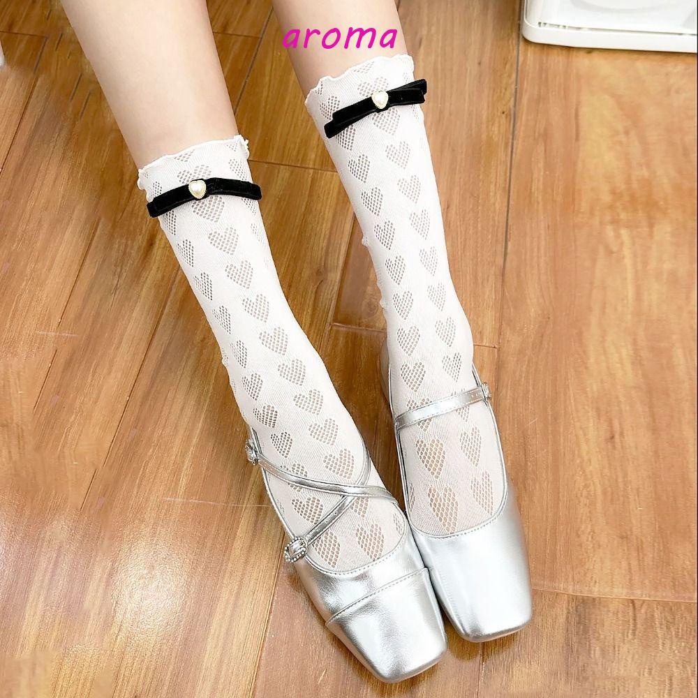 AROMA Tất Lửng Thoáng Khí Đính Nơ Họa Tiết Trái Tim Đơn Giản Ngọt Ngào