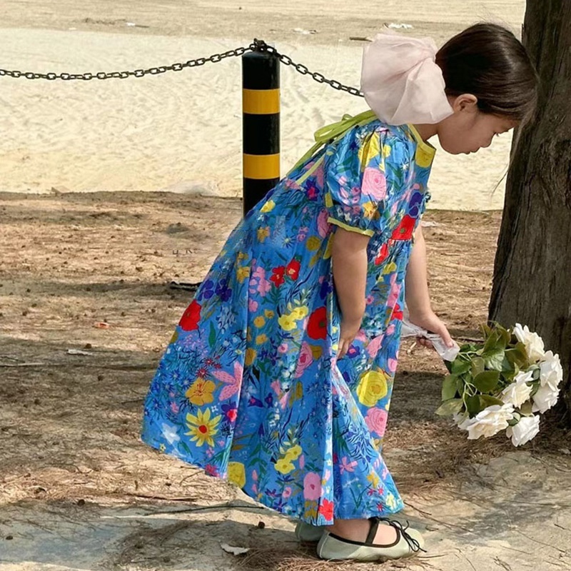 Đầm Công Chúa Tay Phồng Cổ Tròn Họa Tiết Hoa Thời Trang Mùa Hè Hàn Quốc Cho Bé Gái