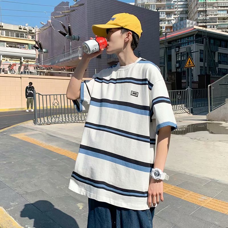 Áo Thun Tay Ngắn Cổ Tròn Họa Tiết Kẻ Sọc Thời Trang Mùa Hè Cho Nam