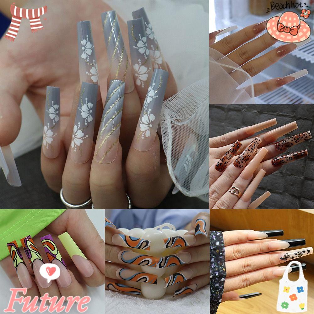 FUTURE Bộ 24 Móng Tay Giả Che Phủ Toàn Diện Họa Tiết Kẻ Sọc / Hoa / Bướm Kiểu Pháp Xinh Xắn
