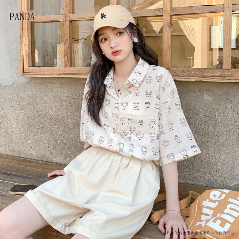 PANDA6.29Áo Sơ Mi Tay Ngắn In Họa Tiết Phong Cách Hong Kong Thời Trang Mùa Hè Hàng Mới 2023In thời trang
