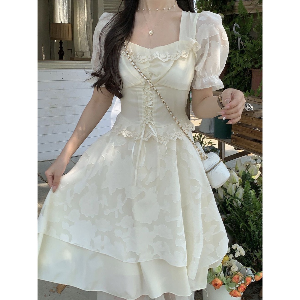 Đầm Công Chúa Tay Ngắn Cổ Vuông Phong Cách Pháp Thời Trang Mùa Hè Hàng Mới Dành Cho Bạn Nữ