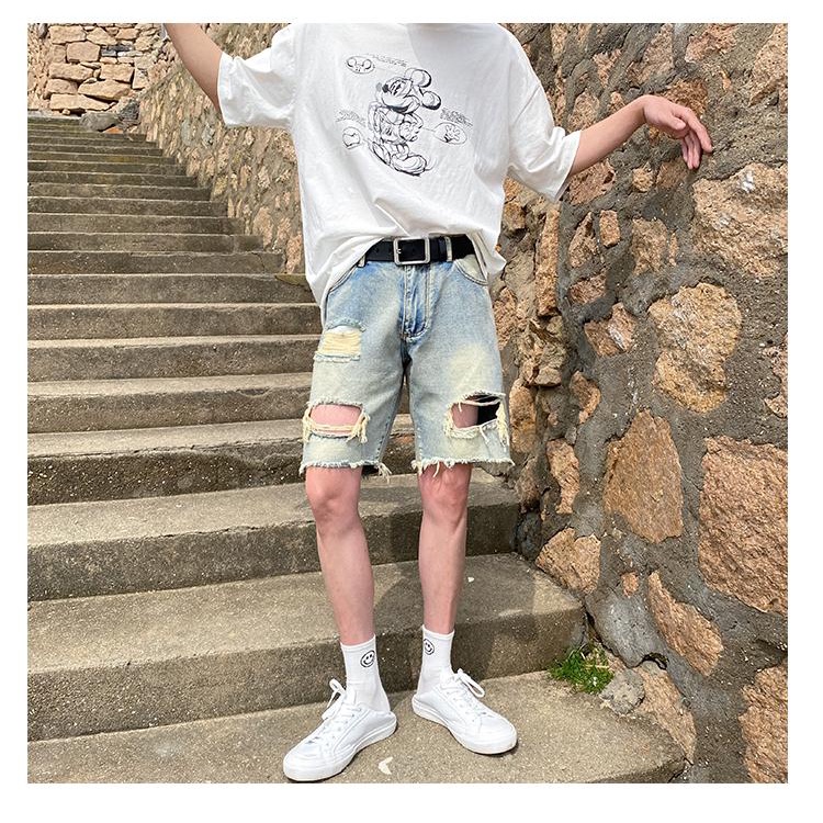Quần Short Denim Phối Rách Thời Trang Đường Phố Mùa Hè Cho Nam