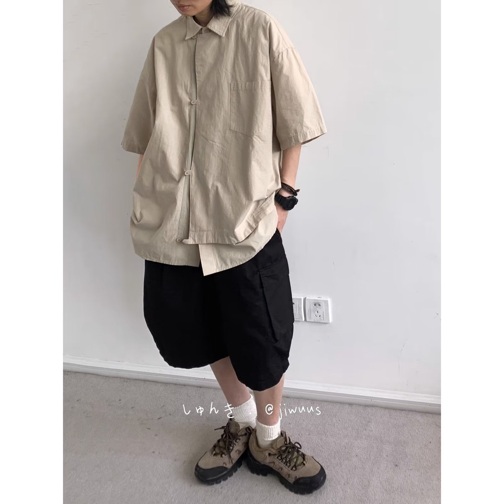Áo Sơ Mi Tay Lửng Dáng Rộng Màu Trơn Phong Cách Trung Hoa Cổ Điển Thời Trang Mùa Hè Dành Cho Nam Nữ
