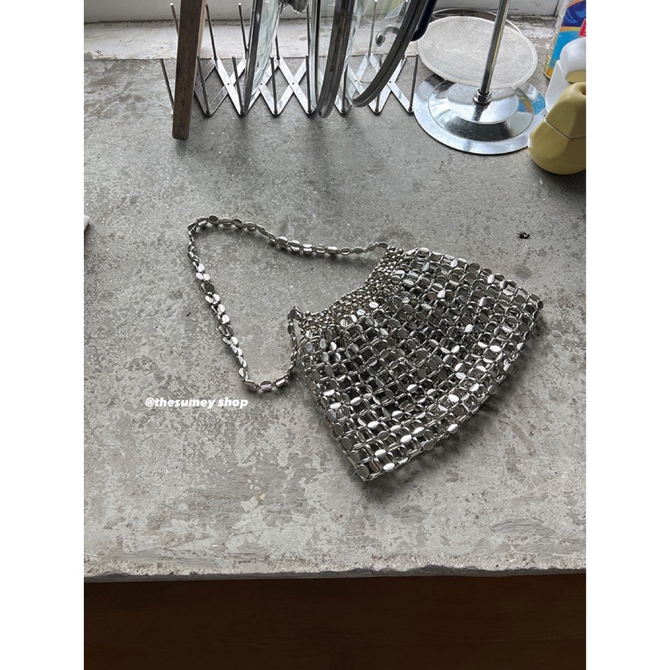 Túi Đeo Vai Sợi Acrylic Dệt Phối Hạt Kim Loại Thời Trang 2023 Cho Nữ