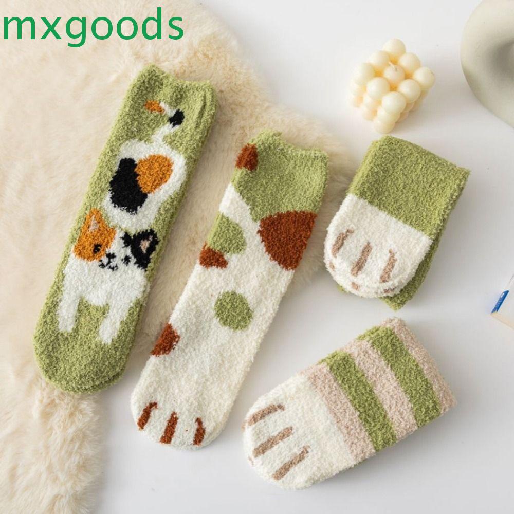 MXGOODS Vớ Lông Cừu San Hô Co Giãn In Hình Mèo Hoạt Hình Dễ Thương Cho Nữ