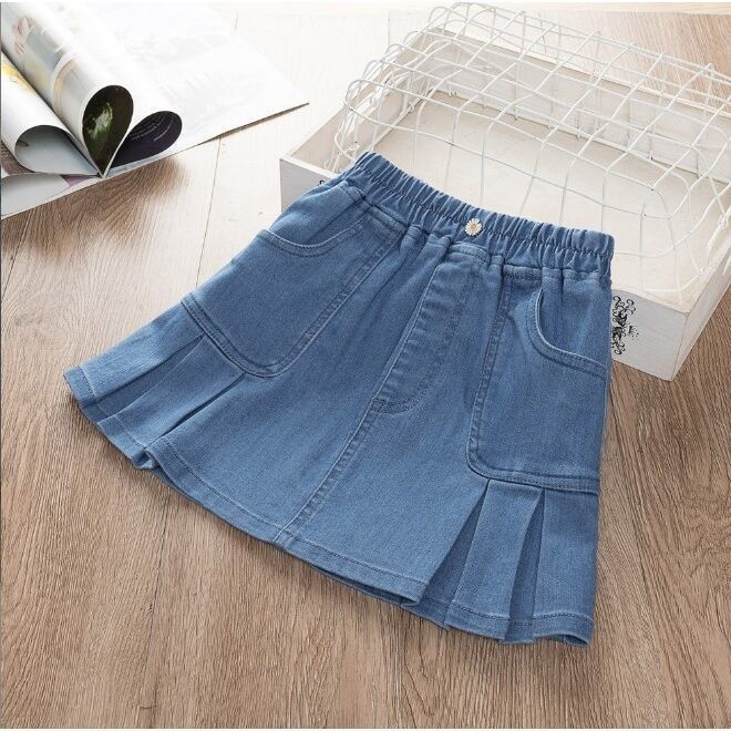 Chân Váy Denim Xếp Ly Dáng Chữ A Thời Trang Xuân Hè Xinh Xắn Cho Bé Gái