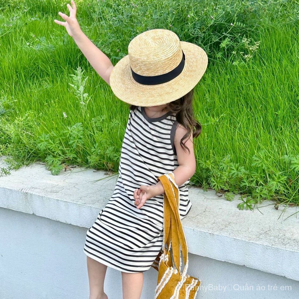 Đầm Không Tay 100% Cotton Họa Tiết Kẻ Sọc Thời Trang Mùa Hè 2023 Mới Cho Bé Gái