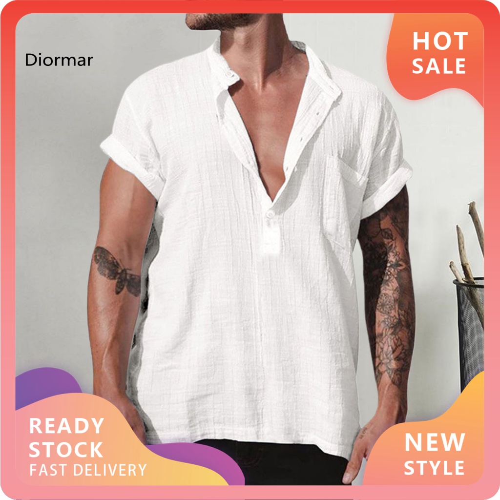 Áo Thun Tay Ngắn Cổ Đứng Màu Trơn Phối Nút Thời Trang Mùa Hè Cho Nam