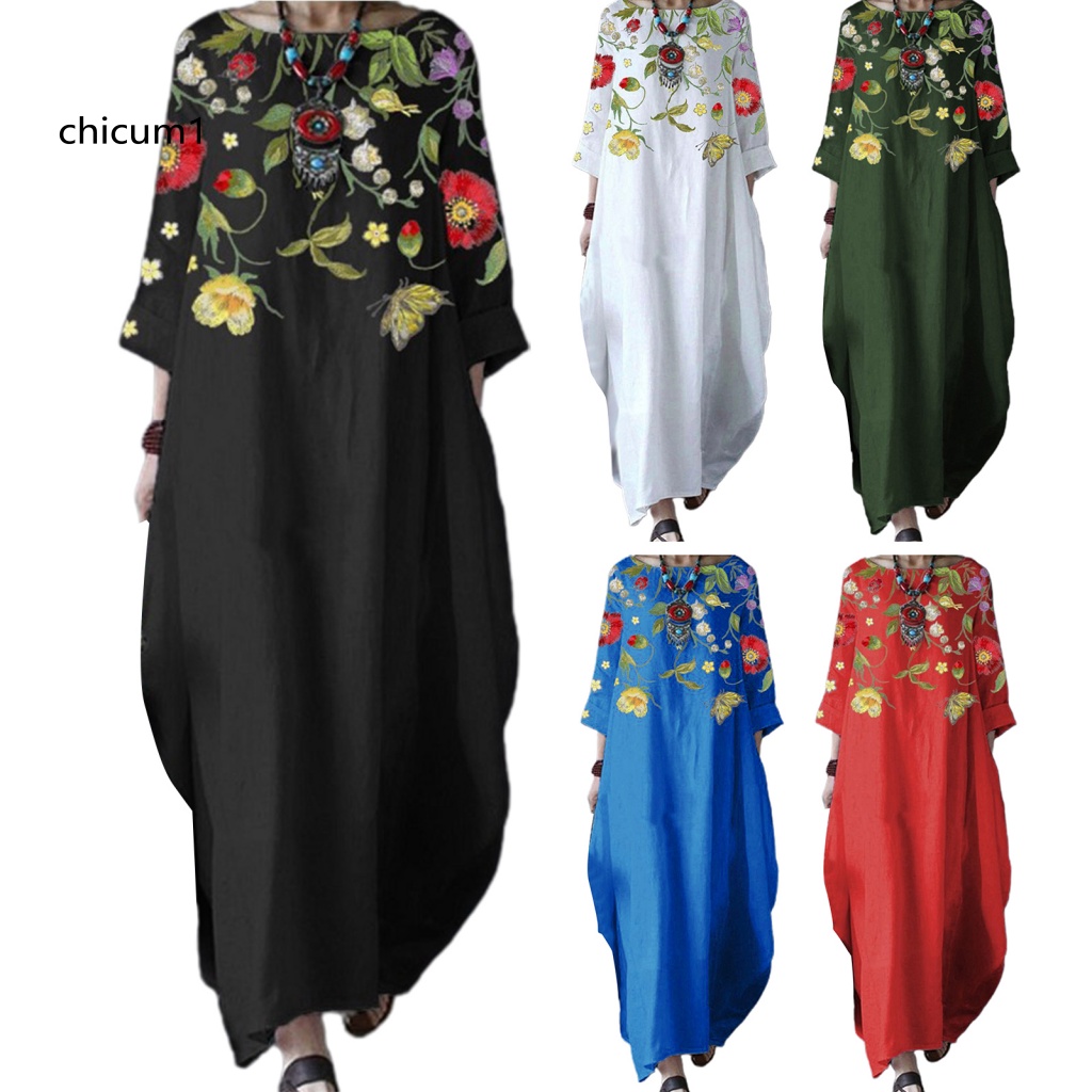 Đầm Maxi Cổ Tròn Tay 3 / 4 In Họa Tiết Hoa Lá Thời Trang Xuân Thu Xinh Xắn Cho Nữ