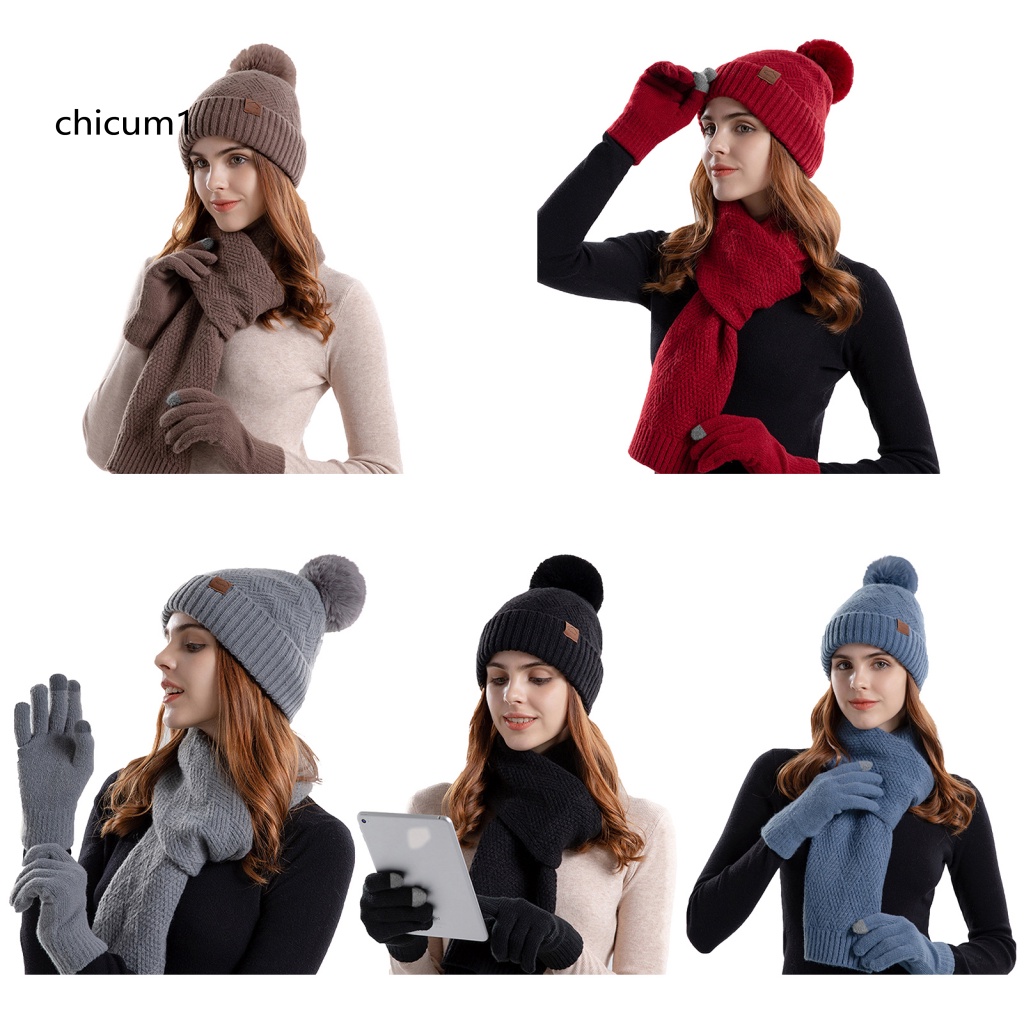 Cc 1 Set Mũ Khăn Quàng Cổ + Găng Tay + Găng Tay Lót Lông Giữ Ấm Mùa Đông Màu Trơn Thoải Mái Dành Cho Nữ