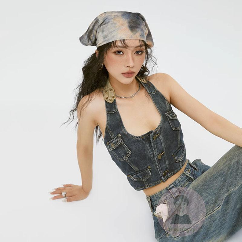 Áo Denim Sát Nách Hở Lưng Cài Nút Phong Cách Retro Thời Trang Mùa Hè Cho Nữ