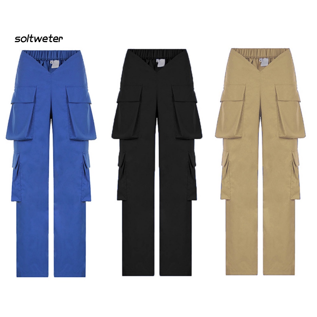 Quần Dài Ống Rộng Lưng Thun Nhiều Túi Phong Cách Đường Phố Cá Tính Cho Nữ