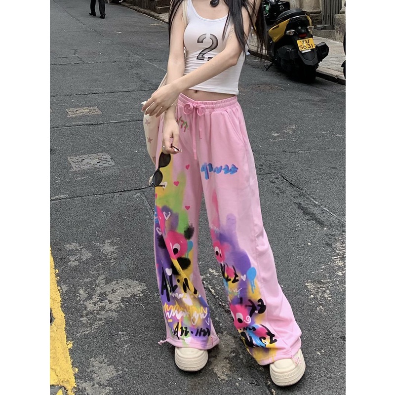 Dopamine Quần Ống Rộng Lưng Cao Dây Rút Họa Tiết Graffiti Mặc Vào Mùa Hè Cho Nữ