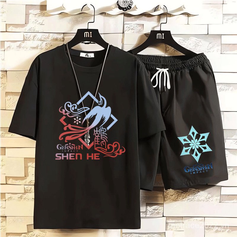 ★Genshin Impact★Ayaka & Shenhe & Eula Merchandise Áo Thun Ngắn Tay + Quần Short Giản Dị Dành Cho Học Sinh