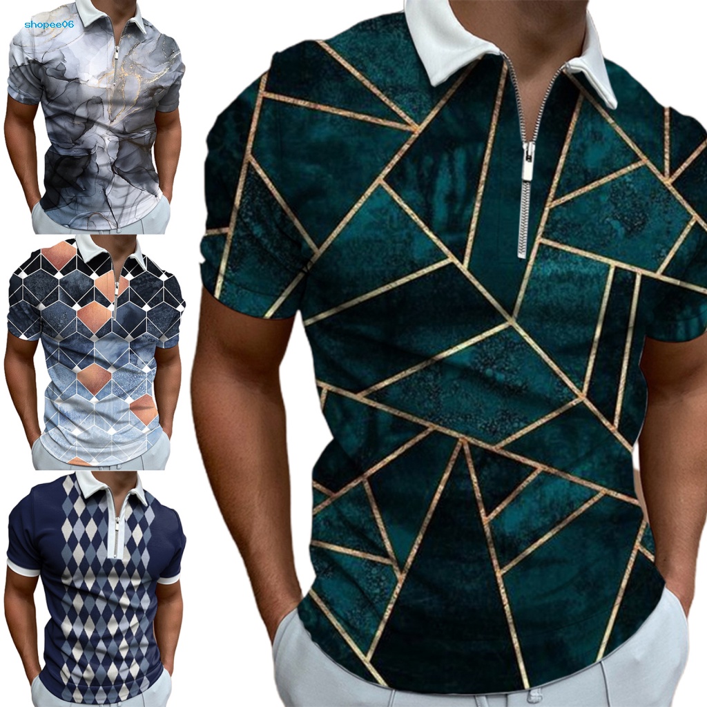 Áo Thun Tay Ngắn Cổ Bẻ Nhanh Khô In Họa Tiết Hình Học Phối Khóa Kéo Thời Trang Cho Nam