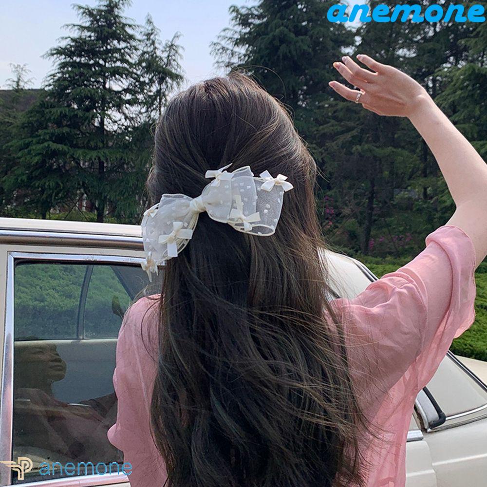 ANEMONE Kẹp Tóc Nơ Vải Chiffon Họa Tiết Chấm Bi Phong Cách Hàn Quốc Ngọt Ngào Cho Nữ