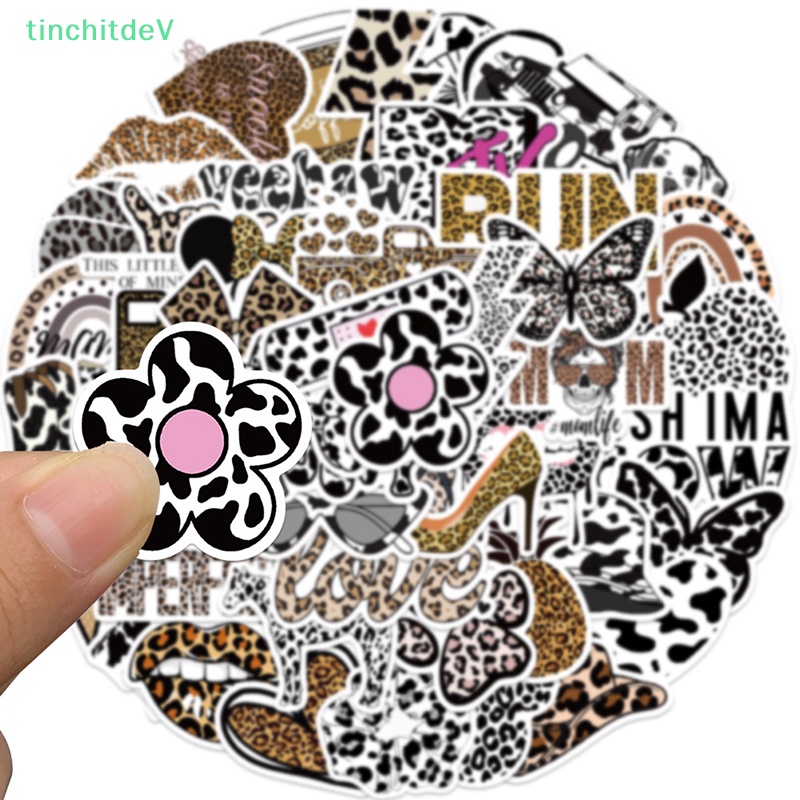 Bộ 50 Miếng Dán Trang Trí Xe Hơi / Vali / Laptop / Điện Thoại Họa Tiết Da Báo Kiểu Retro DIY