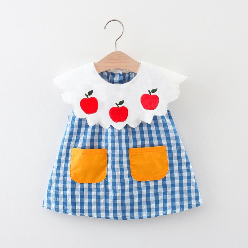 Đầm Cotton Cổ Búp Bê Họa Tiết Sọc Caro Màu Xanh Dương Thời Trang Mùa Hè Cho Bé Gái