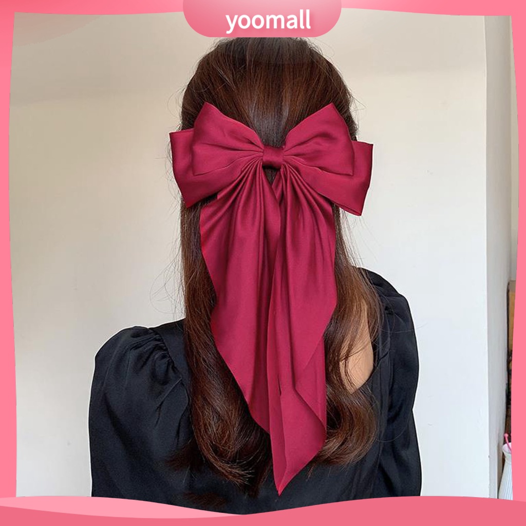 Kẹp Tóc Đuôi Ngựa Bằng Satin Hai Lớp Thắt Nơ Lớn Màu Trơn Thanh Lịch Cổ Điển Dành Cho Bạn Nữ