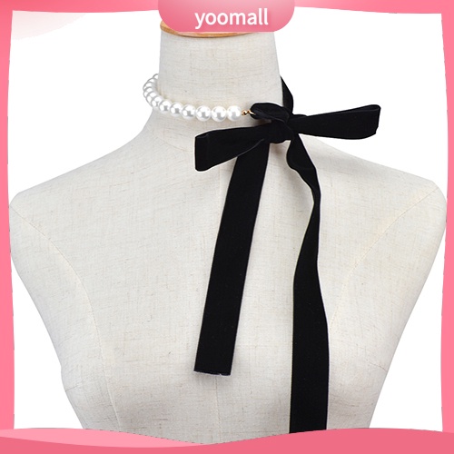 Vòng Cổ Choker Dây Nhung Thắt Nơ Đính Ngọc Trai Nhân Tạo Thời Trang