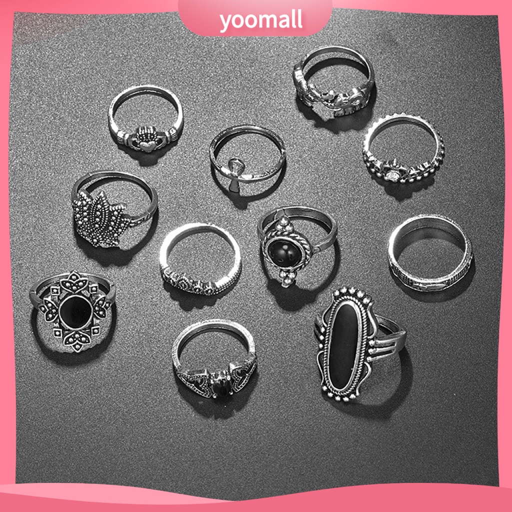 Set 11 Nhẫn Đeo Khớp Ngón Tay Màu Đen Phong Cách Bohemia