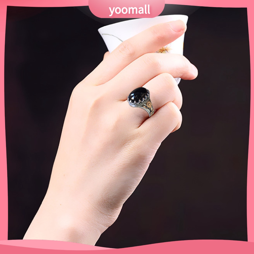 Nhẫn Unisex Bản Rộng Khắc Họa Tiết Hoa Đính Đá Nhân Tạo Phong Cách Rock