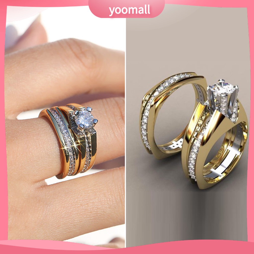 Set 2 Nhẫn Đính Hôn Đính Đá Zircon Hai Màu Sắc Lấp Lánh Dành Cho Nữ