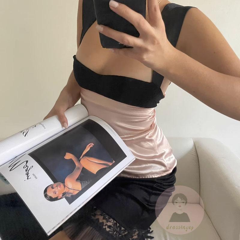 Áo Tank Top Không Tay Hở Lưng Cắt Thấp Màu Tương Phản Dành Cho Nữ