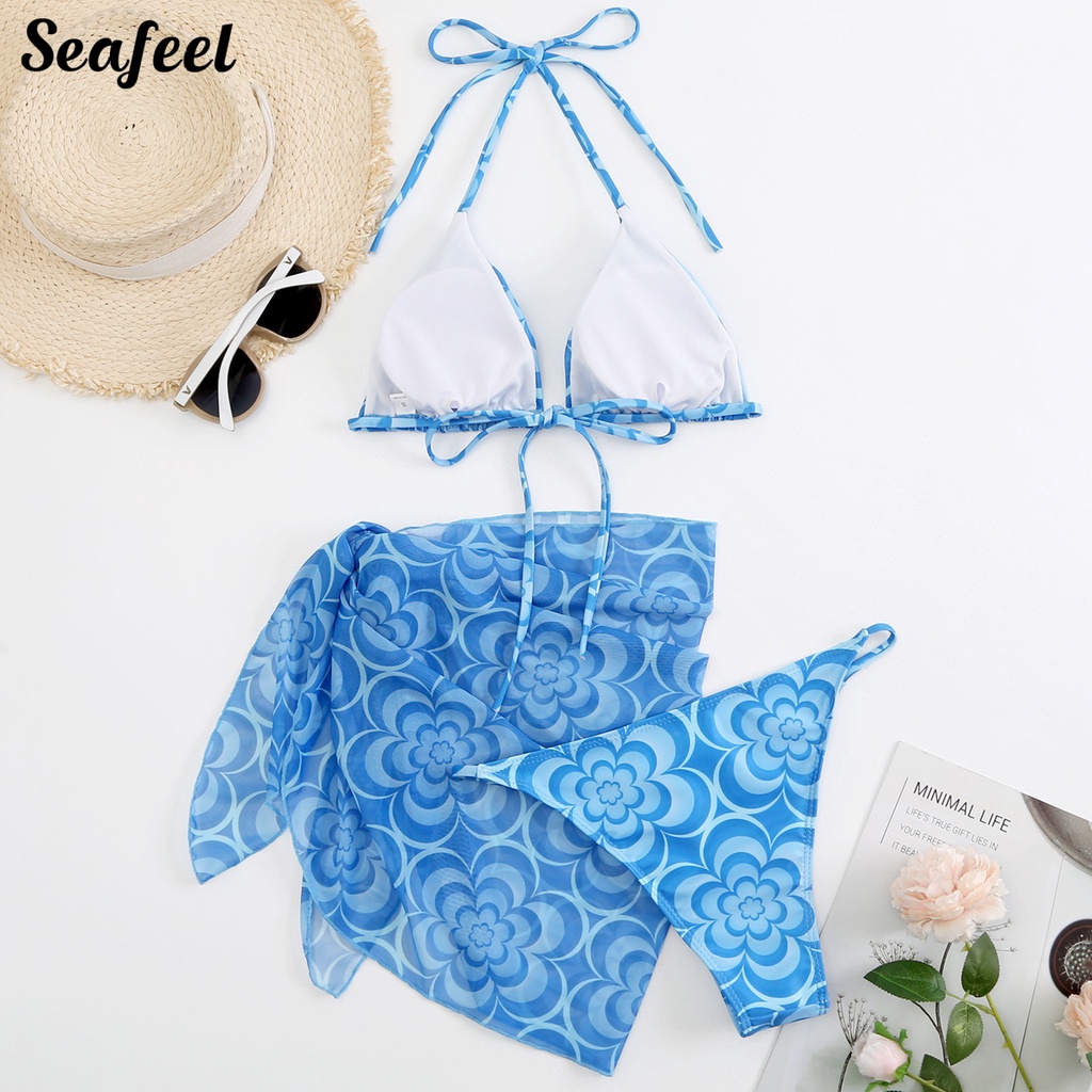 Bộ Đồ Bơi 3 Món Gồm Áo Hai Dây In Họa Tiết Gợn Sóng Và Chân Váy Cột Dây Màu Sắc Thời