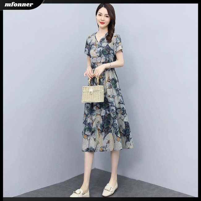 Đầm Midi Ngắn Tay Dáng Chữ A Lưng Cao In Hoa Phối Túi Thời Trang Mùa Hè Cho Nữ
