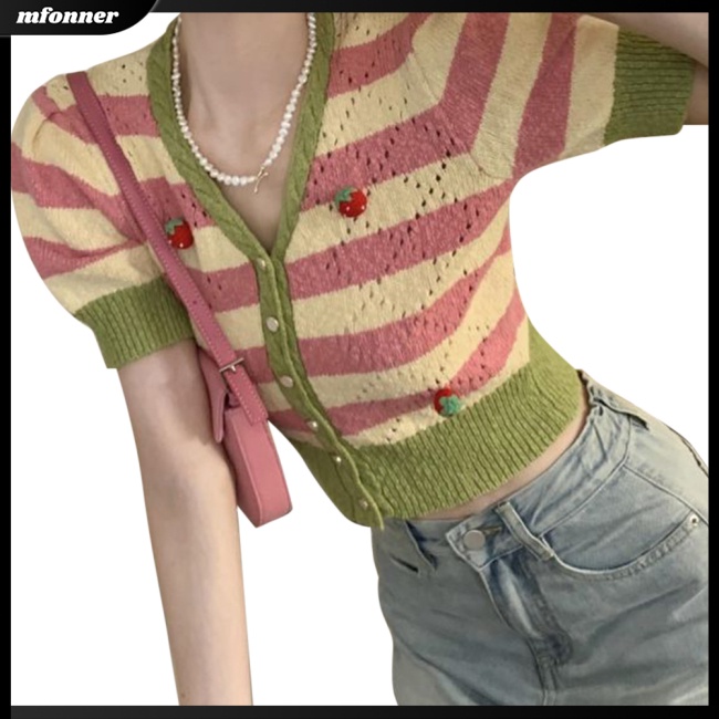 Áo Cardigan Dệt Kim Tay Ngắn Cổ Chữ V Kẻ Sọc Màu Sắc Tương Phản Thời Trang Mùa Hè Cho Nữ