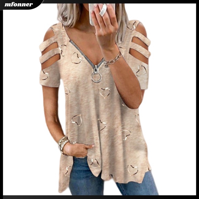 Áo Thun Tay Ngắn Dáng Rộng Cổ Chữ V Có Khóa Kéo In Họa Tiết Thanh Lịch Cho Bạn Gái