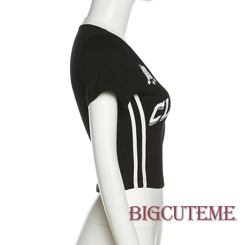 Áo Thun Crop Top Đen Tay Ngắn Cổ Chữ V In Chữ Thời Trang Mùa Hè Cho Nữ