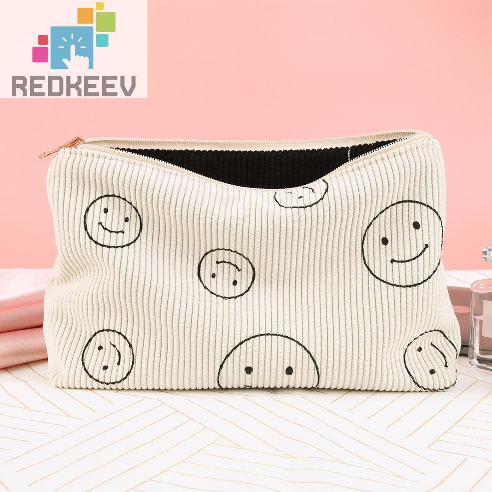 Túi Đựng Mỹ Phẩm Hai Mặt Bằng Vải Nhung Kẻ Dễ Thương Xinh Xắn