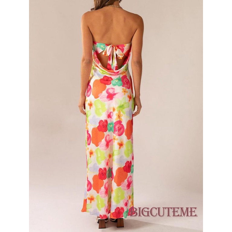 Đầm Dài Không Tay Cổ Thuyền In Hoa Hở Lưng Cột Dây Thời Trang Mùa Hè Cho Nữ