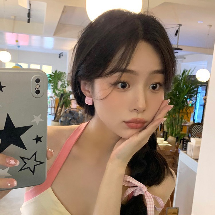 Bông Tai Dạng Kẹp Hình Trái Tim Màu Hồng Y2K Bằng Acrylic Làm Quà Tặng Sinh Nhật Cho