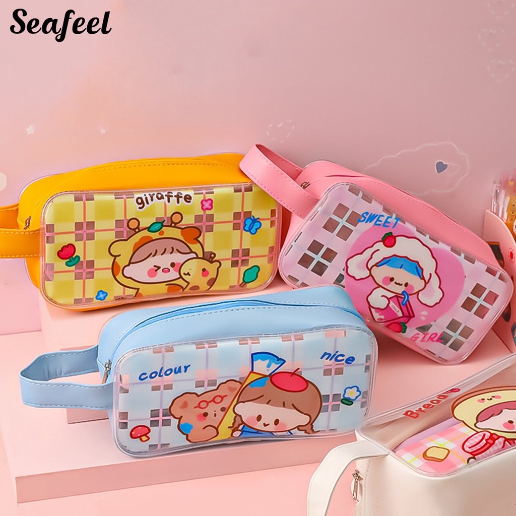 Túi Đựng Bút Trong Suốt Chống Thấm Nước Sức Chứa Lớn Có Khóa Kéo In Họa Tiết Hoạt Hình