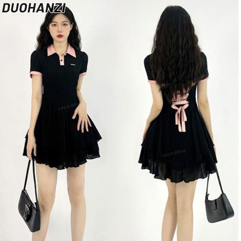 Đầm Đen Cổ polo Dáng Ôm Đính Nơ Thời Trang Mùa Hè Xinh Xắn Cho Bạn Gái