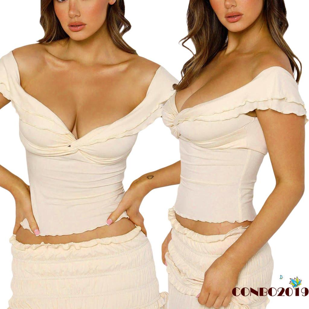 Áo Croptop Trễ Vai Tay Ngắn Màu Sắc Đơn Giản Cho Nữ