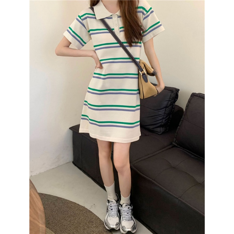 Đầm Dệt Kim Tay Ngắn Dáng Rộng Họa Tiết Kẻ Sọc Màu Sắc Tương Phản Thời Trang Mùa Hè