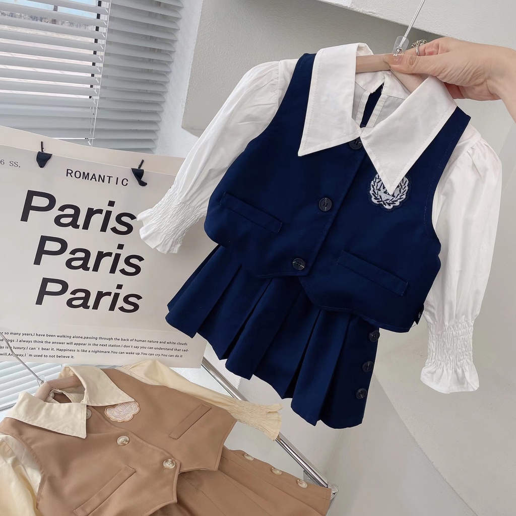 Bộ Áo Váy Xếp Ly Ba Món Phong Cách Hàn Quốc 2023 Cho Bé Gái