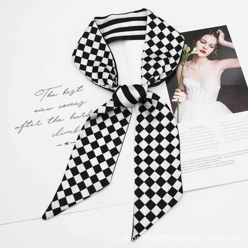 Khăn Quàng Cổ Dài Thắt Nơ Ruy Băng Đen Trắng Bằng Lụa