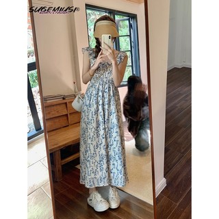 Sugemiusi Đầm Dài Hai Dây Dáng Ôm Eo Nhỏ Họa Tiết Hoa Màu Xanh Dương Ngọt Ngào Thời Trang Đi Nghỉ Mát 77