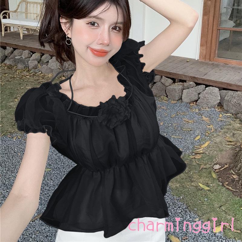 Áo Croptop Trễ Vai Tay Ngắn In Họa Tiết Hoa Thời Trang Mùa Hè Xinh Xắn Cho Nữ