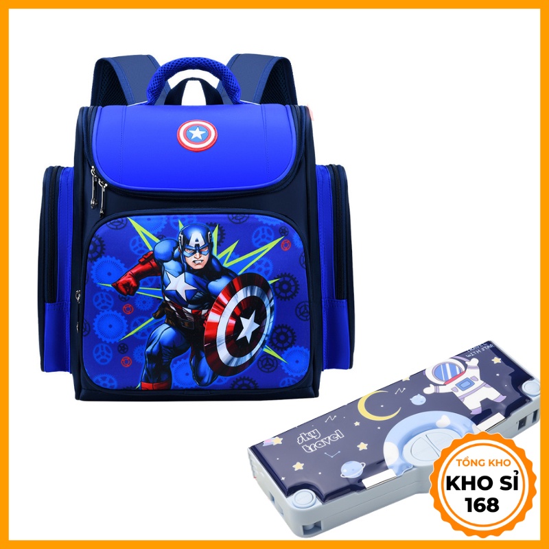 Combo cặp sách siêu nhân người nhện captain kèm hộp bút cho bé trai tiểu học, balo bé trai đi học cấp 1 E105